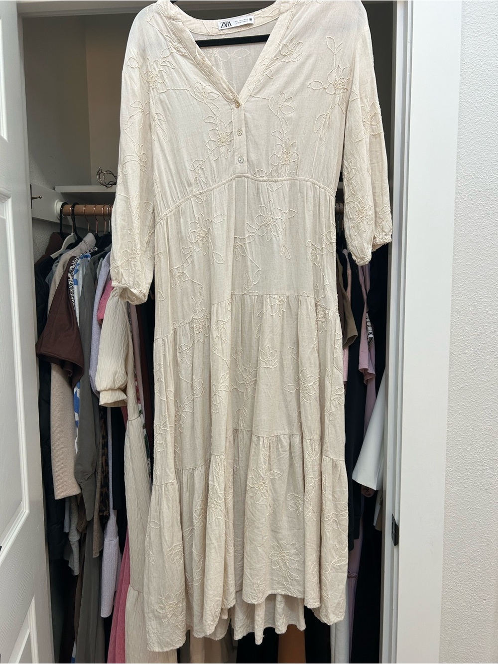 Zara Cream linen Embroidered Tiered Dress with V-Neck
